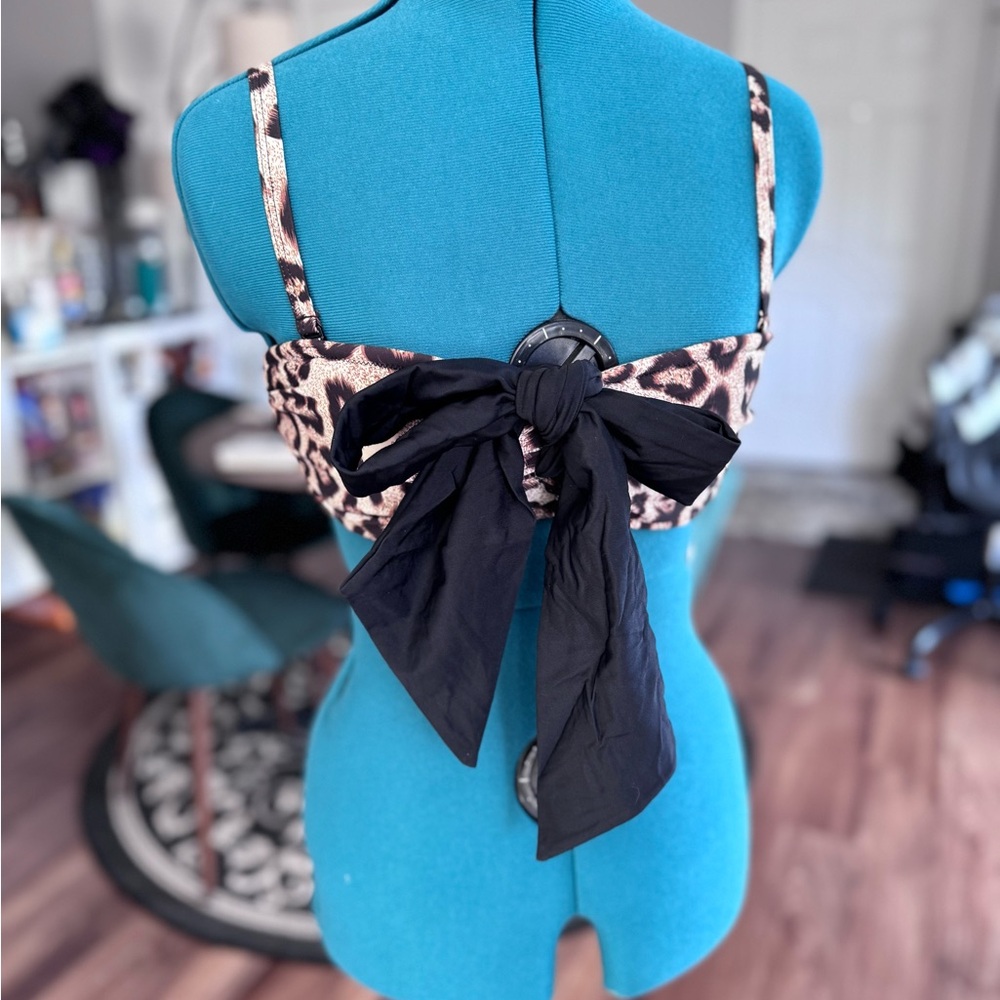 Leopard Print Bikini Top with Black Bow